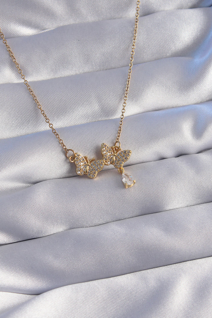 EBJ 316L Stainless Steel Chain Gold Color Drop Zircon Stone Minimal Butterfly Necklace - Evere