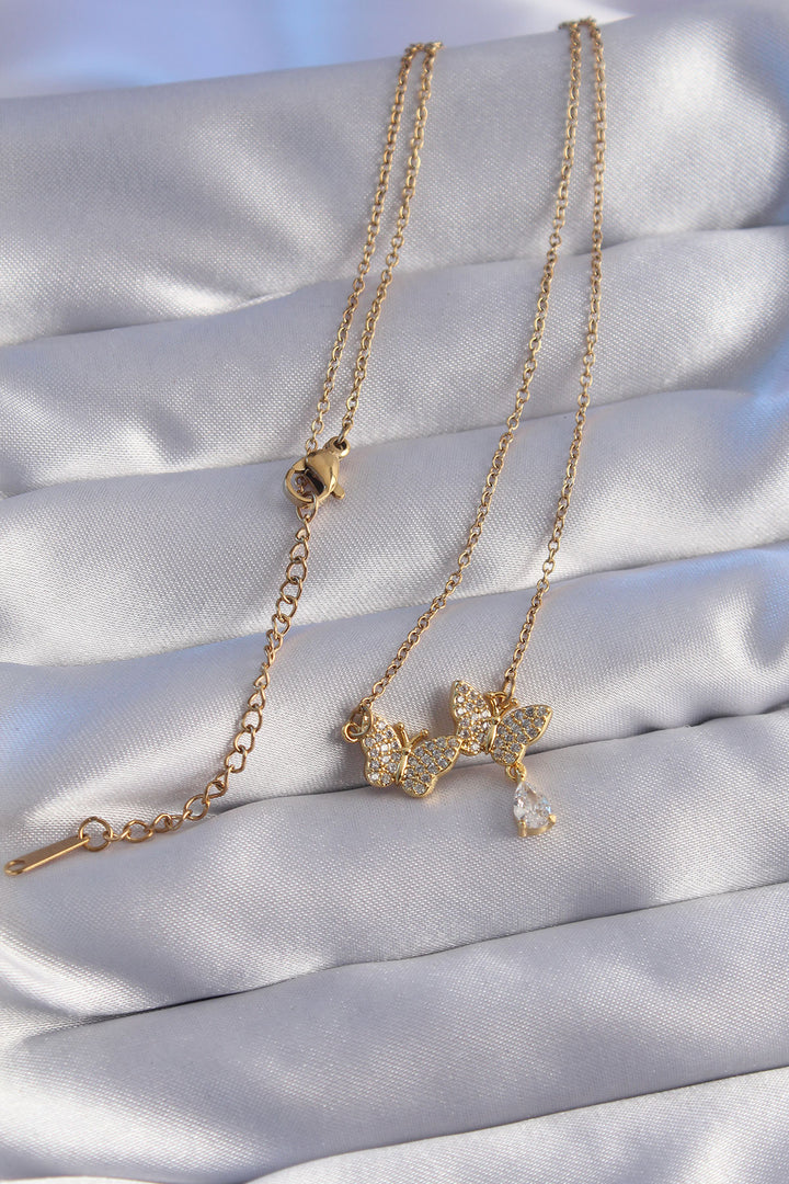 EBJ 316L Stainless Steel Chain Gold Color Drop Zircon Stone Minimal Butterfly Necklace - Evere