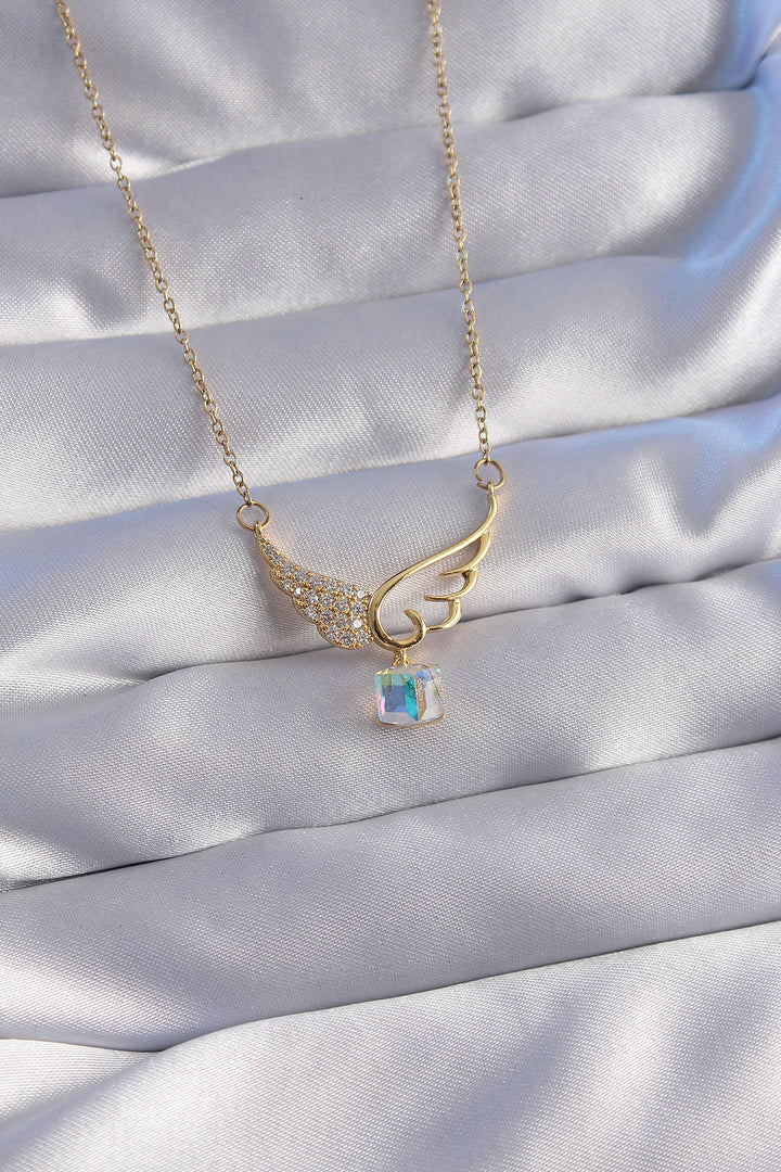 EBJ 316L Steel Chain Gold Color Blue Zircon Stone Angel Wing Necklace - Marhanets