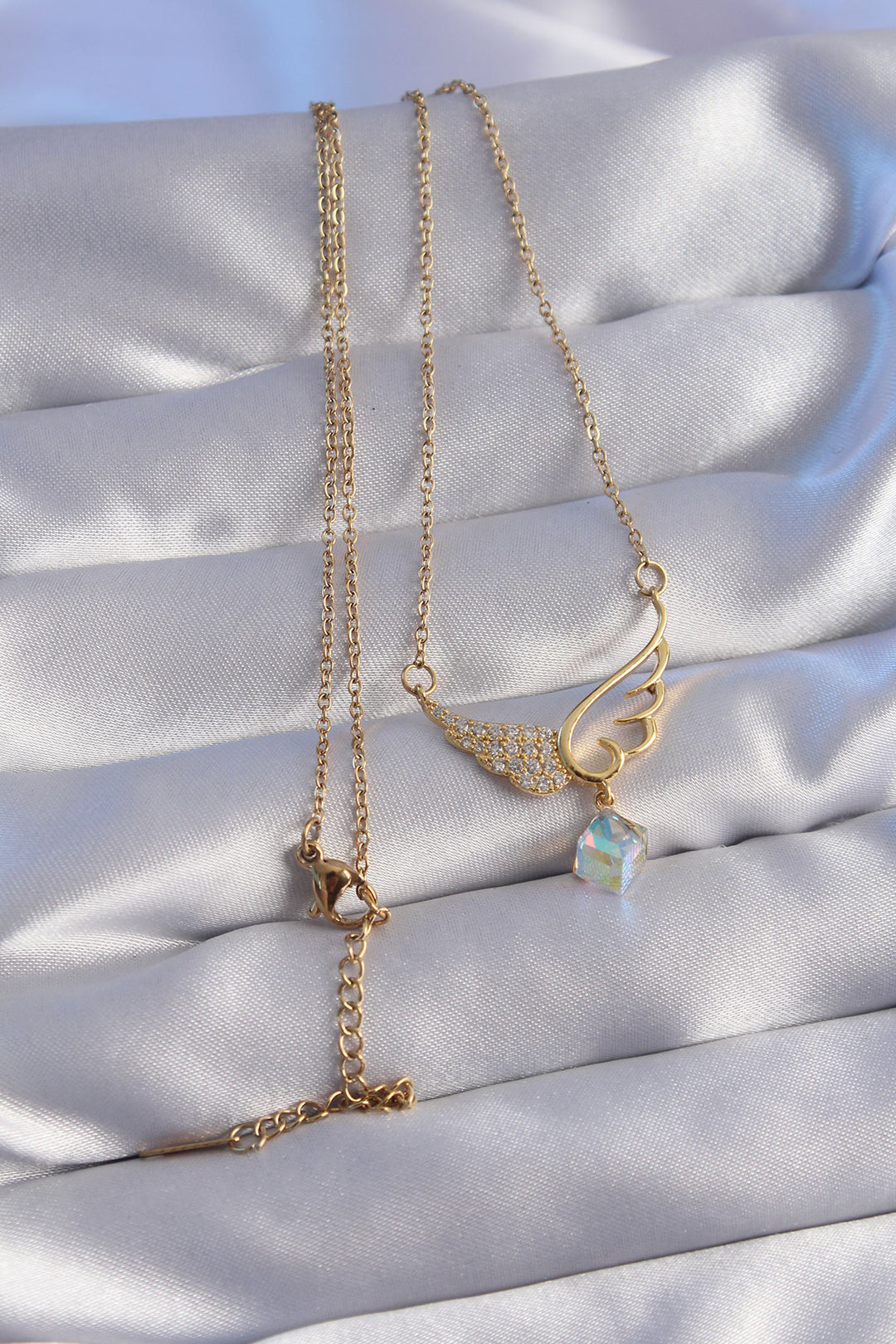 EBJ 316L Steel Chain Gold Color Blue Zircon Stone Angel Wing Necklace - Marhanets