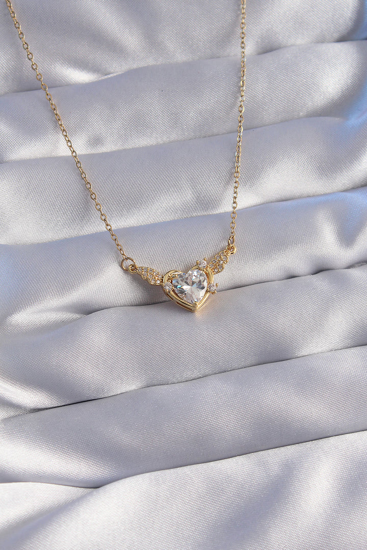 EBJ 316L Steel Chain Gold Color Winged Heart Necklace with Zircon Stone - Níkaia