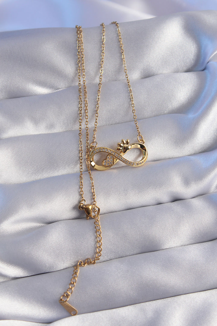 EBJ 316L Stainless Steel Chain Gold Color with Zircon Stone Paw and Heart Detailed Infinity Necklace - Santa Monica