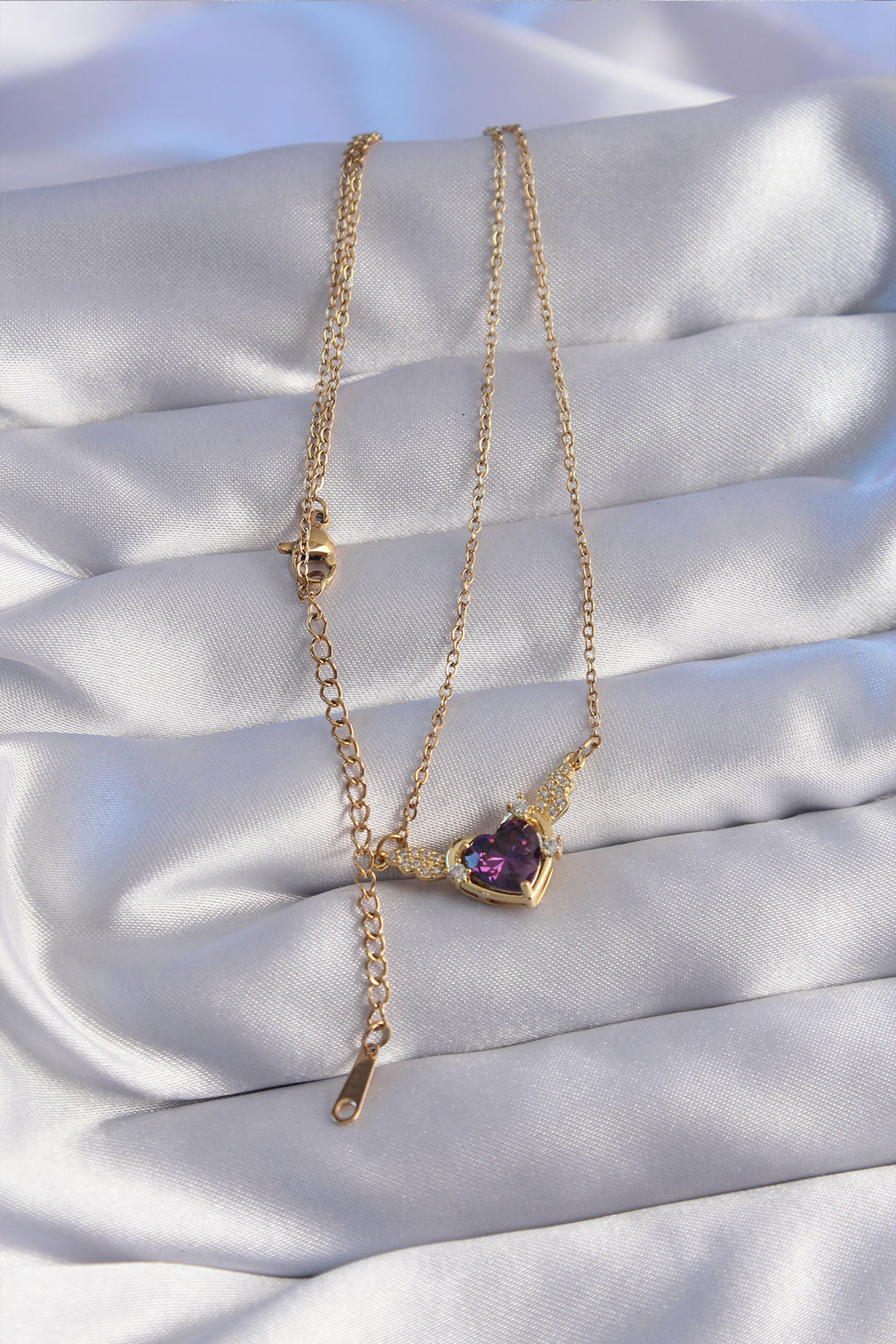 EBJ 316L Steel Chain Gold Color Purple Zircon Stone Winged Heart Necklace - Dilbeek