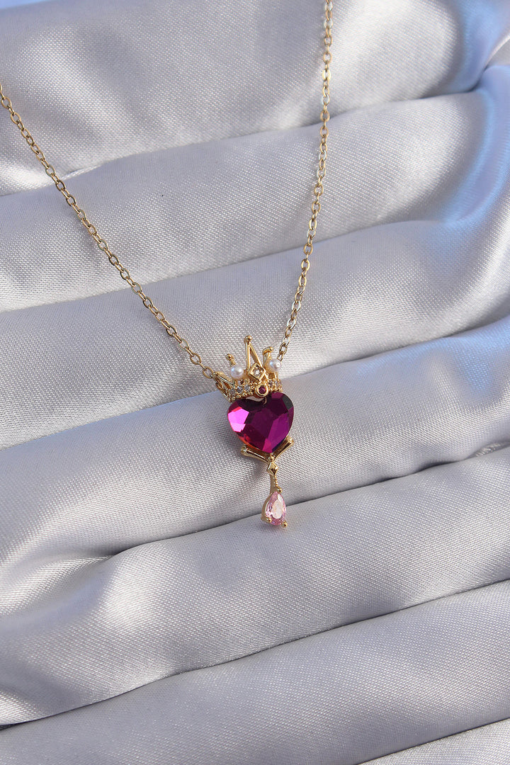 EBJ 316L Steel Chain Gold Color Fuchsia Zircon Stone Drop Detail Rapunzel Model Necklace - Bebington