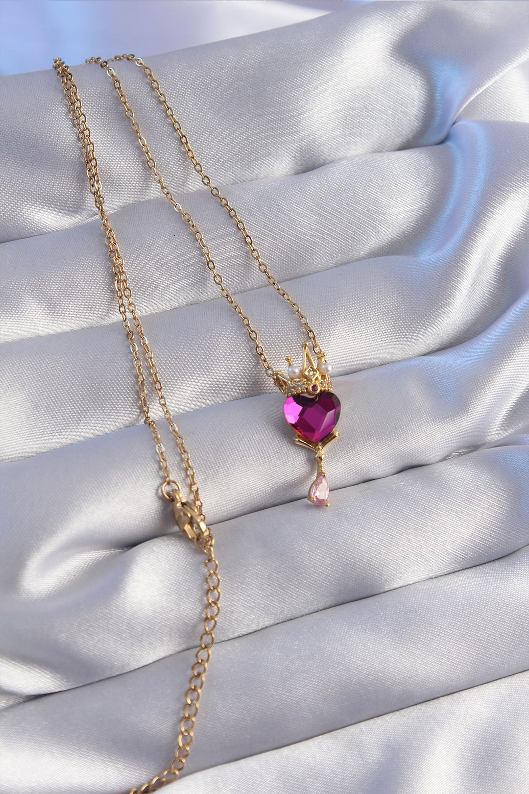 EBJ 316L Steel Chain Gold Color Fuchsia Zircon Stone Drop Detail Rapunzel Model Necklace - Bebington
