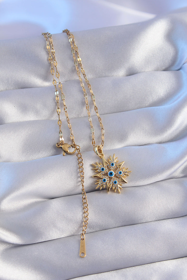 EBJ 316L Steel Chain Gold Color Evil Eye Figure with Zircon Stone Snowflake Necklace - Kingston