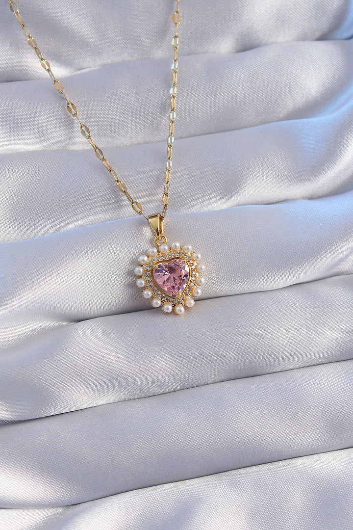 EBJ 316L Steel Chain Gold Color Heart Necklace with Pearl and Pink Zircon Stone - Ciudad Benito Juárez