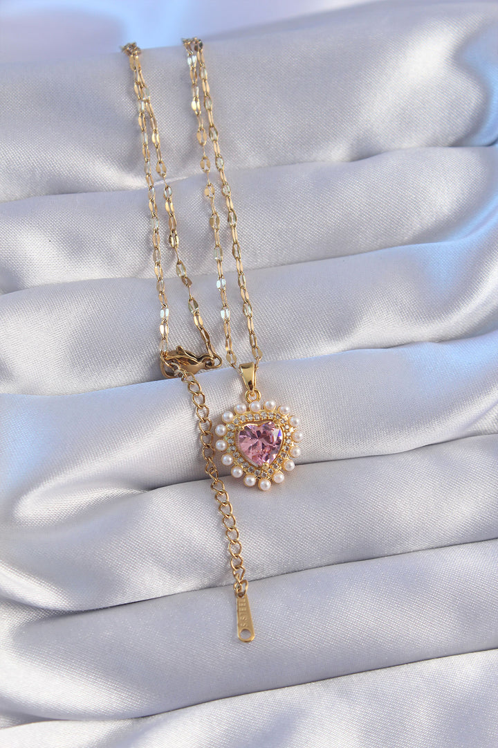 EBJ 316L Steel Chain Gold Color Heart Necklace with Pearl and Pink Zircon Stone - Ciudad Benito Juárez
