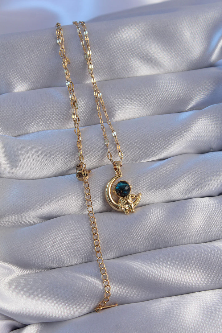 EBJ 316L Stainless Steel Chain Gold Color with Zircon Stone Moon and Astronaut Figure Planet Necklace - La Louvière