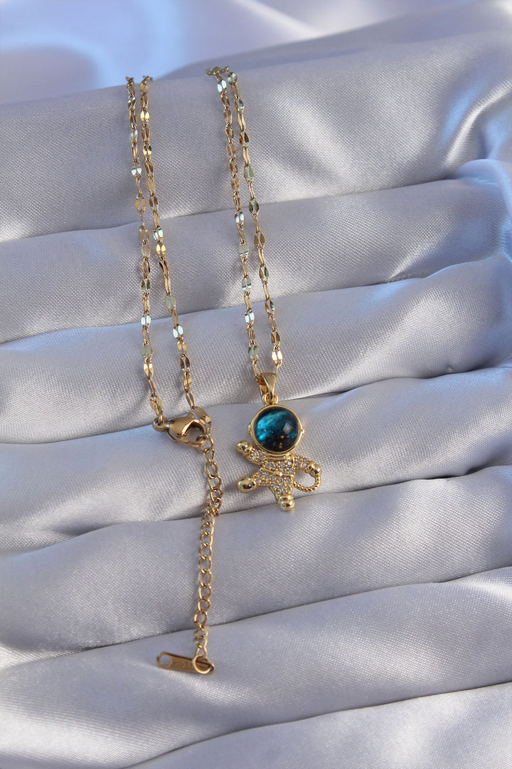 EBJ 316L Steel Chain Gold Color with Zircon Stone Astronaut Figure Planet Necklace - Manhattan