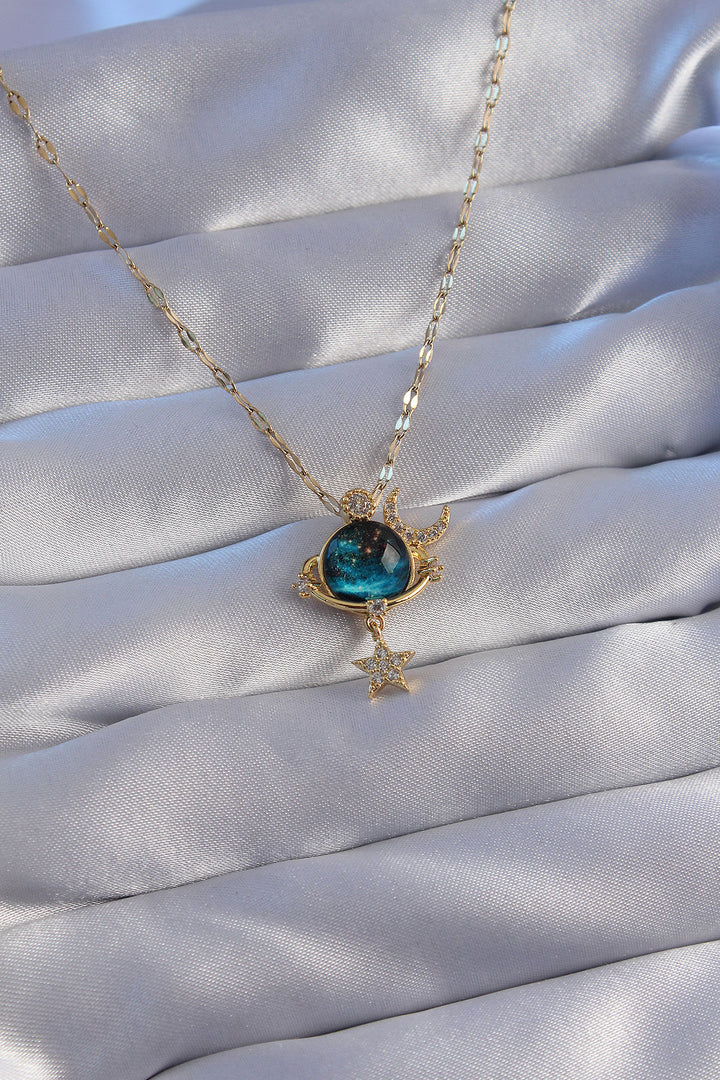 EBJ 316L Stainless Steel Chain Gold Color Zircon Stone Moon and Star Figured Planet Necklace - Caguas