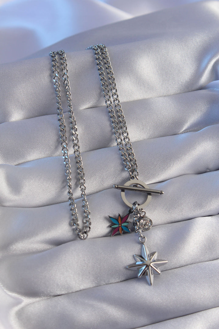 EBJ 316L Stainless Steel Chain Gold Color Colorful Enamel Zircon Stone Polaris Star Necklace - La Trinidad