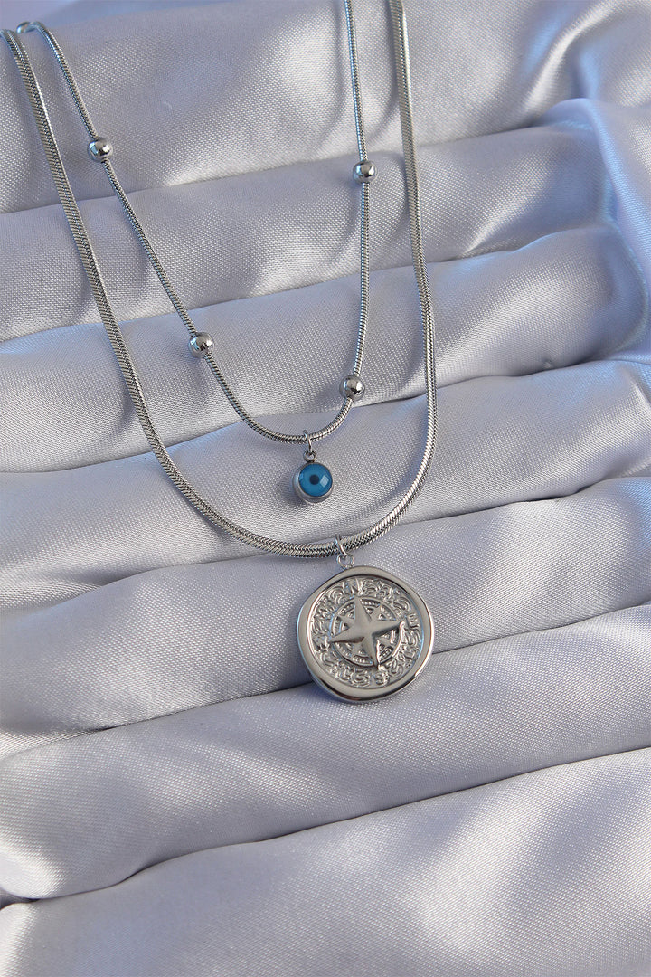 EBJ 316L Steel Chain Silver Color Evil Eye Beaded Italian Chain 2-piece Compass Necklace - Richmond Hill