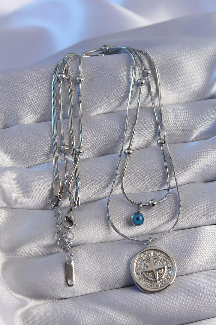 EBJ 316L Steel Chain Silver Color Evil Eye Beaded Italian Chain 2-piece Compass Necklace - Richmond Hill
