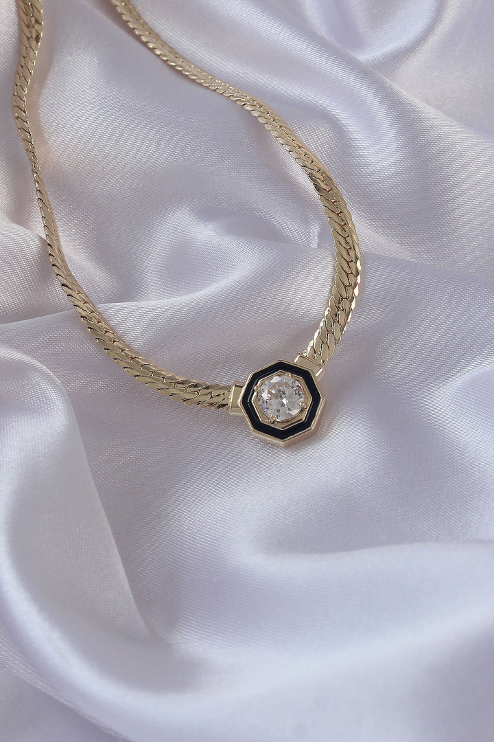 EBJ Gold Color Black Enamel Crushed Chain Serenade Necklace with Rice Zircon Stone - Detroit