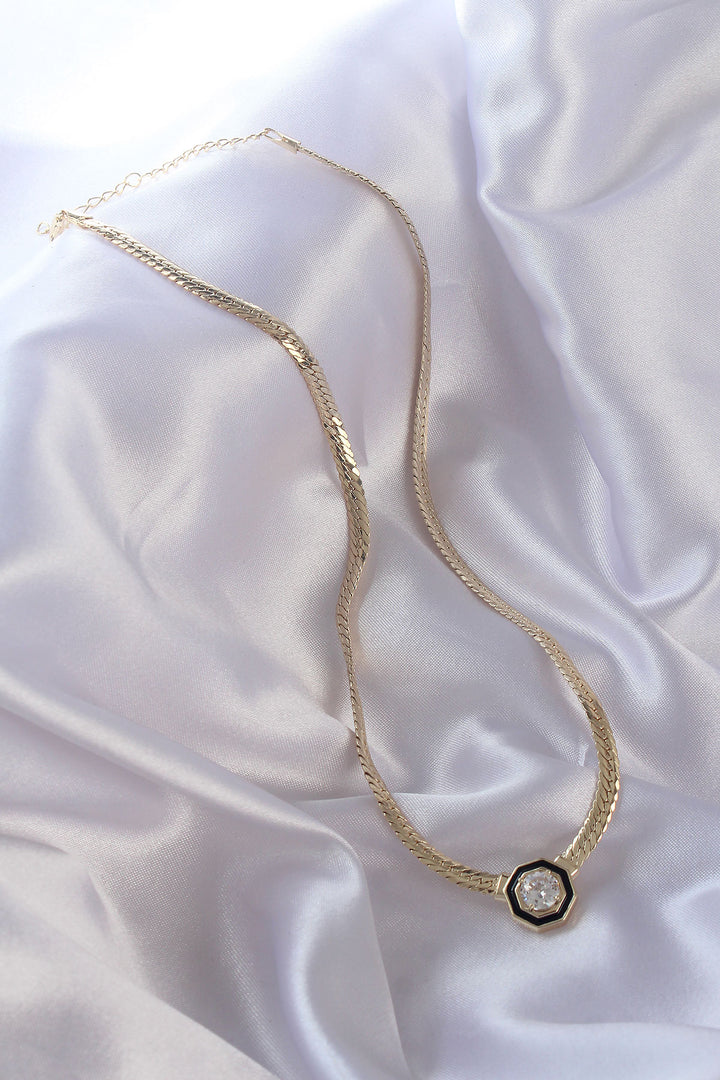 EBJ Gold Color Black Enamel Crushed Chain Serenade Necklace with Rice Zircon Stone - Detroit