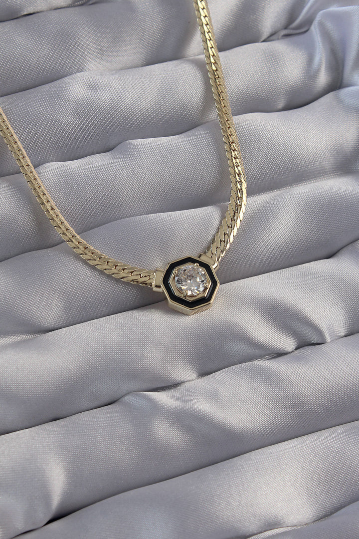 EBJ Gold Color Black Enamel Crushed Chain Serenade Necklace with Rice Zircon Stone - Detroit