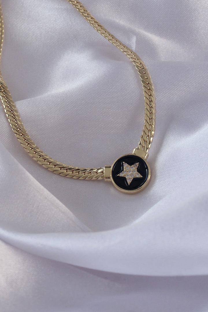 EBJ Serenay Necklace with Star Design Black Enamel Crushed Chain with Rice Gold Color Zircon Stone - Gastonia