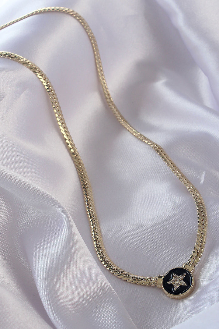 EBJ Serenay Necklace with Star Design Black Enamel Crushed Chain with Rice Gold Color Zircon Stone - Gastonia