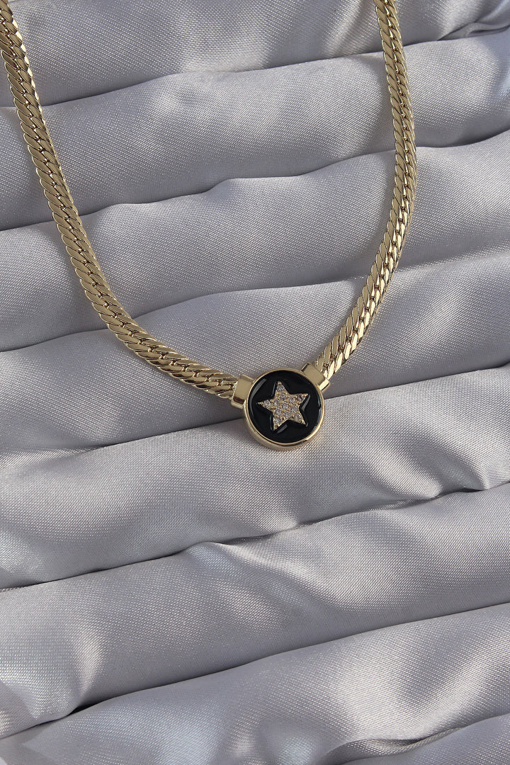 EBJ Serenay Necklace with Star Design Black Enamel Crushed Chain with Rice Gold Color Zircon Stone - Gastonia