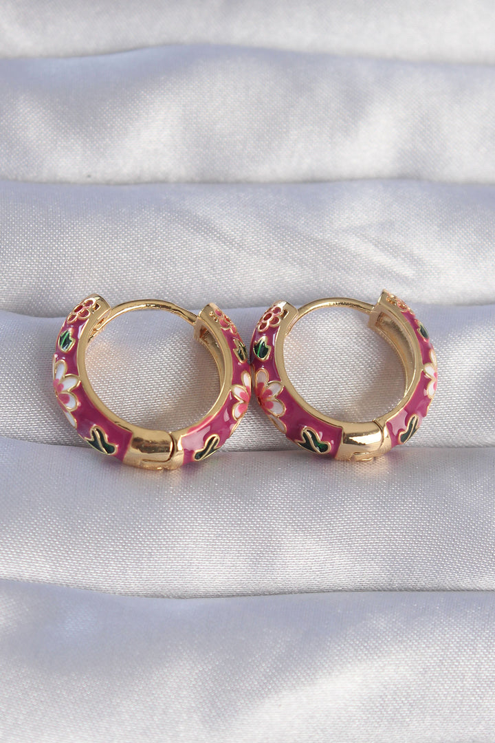 EBJ Gold Color Rice Purple Enamel Ethnic Patterned Hoop Earrings - Cambridge