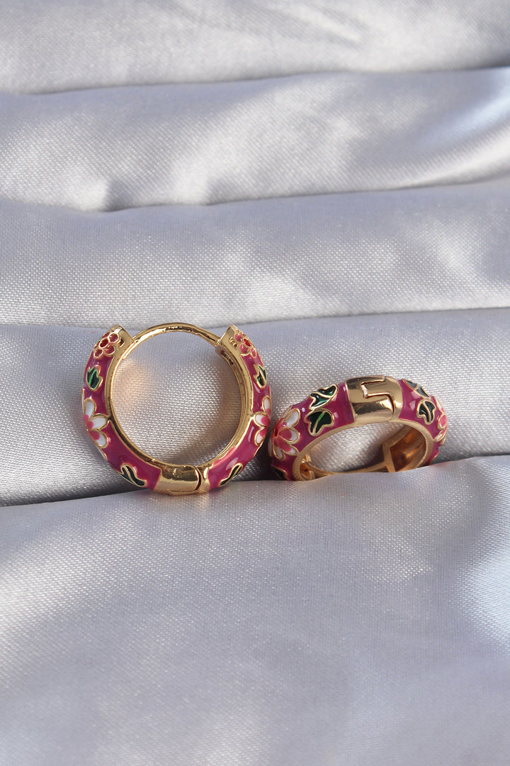 EBJ Gold Color Rice Purple Enamel Ethnic Patterned Hoop Earrings - Cambridge