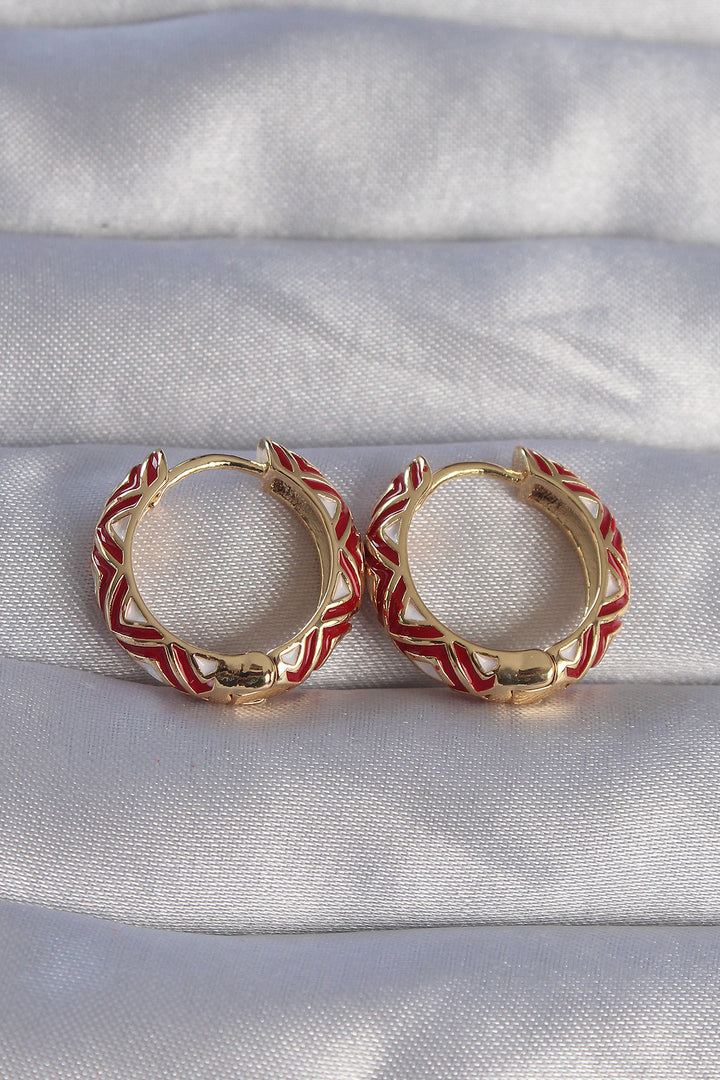 EBJ Gold Color Rice Red Ethnic Patterned Hoop Earrings - Elmont