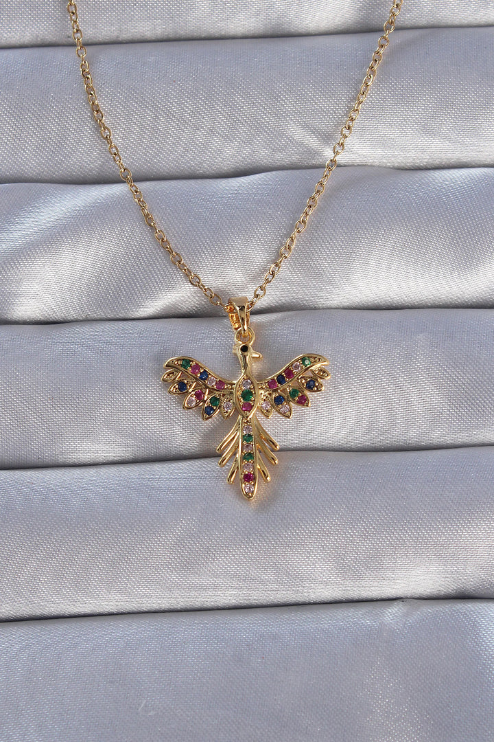 EBJ 316L Stainless Steel Chain Gold Color Necklace with Colorful Zircon Stone Phoenix Bird Design - Estepona