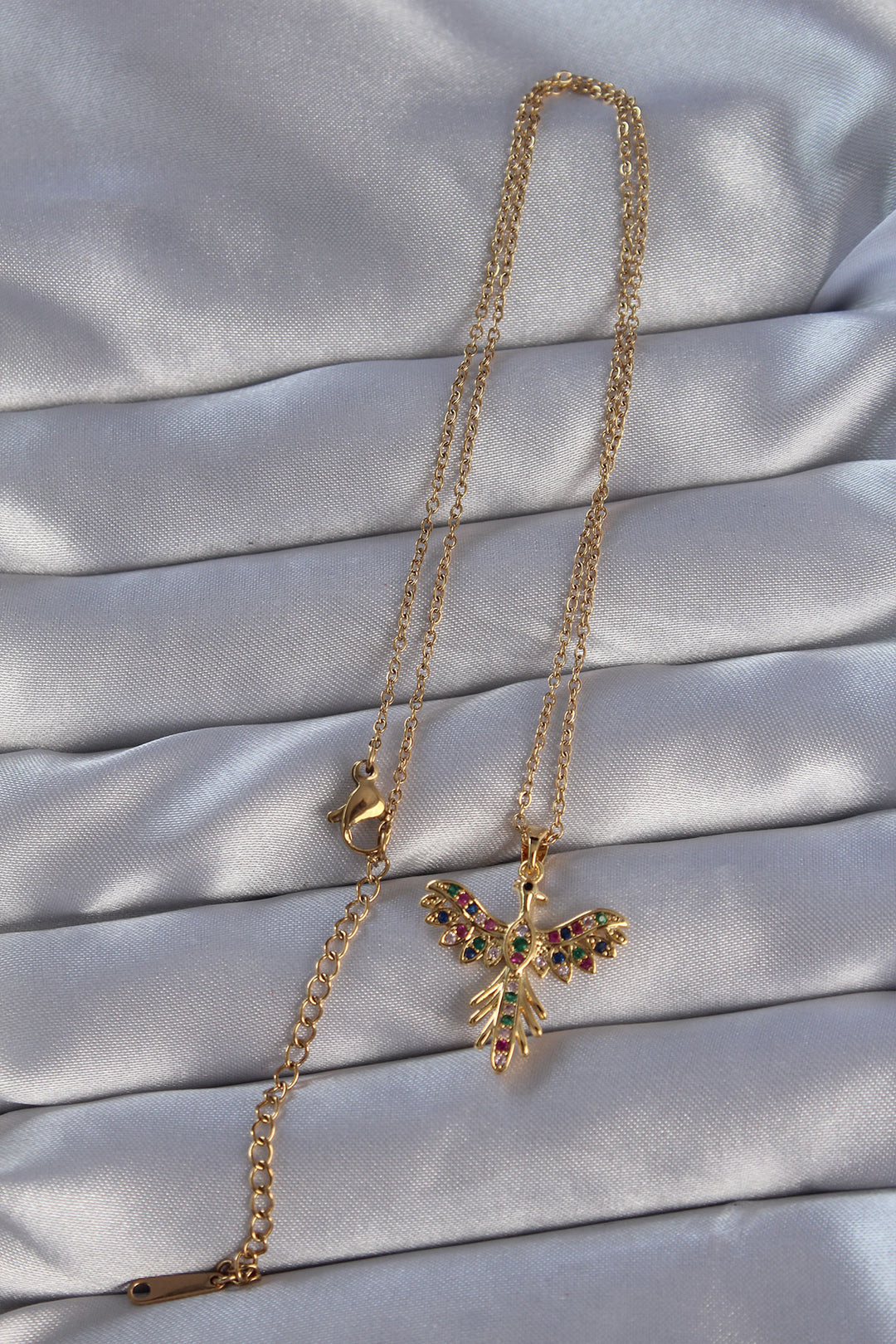 EBJ 316L Stainless Steel Chain Gold Color Necklace with Colorful Zircon Stone Phoenix Bird Design - Estepona