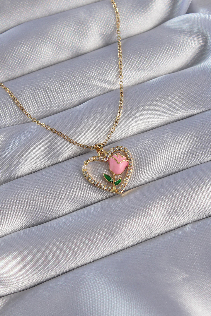 EBJ 316L Steel Chain Gold Color Zircon Stone Heart Pendant with Pink Rose Design Necklace - Kansas City