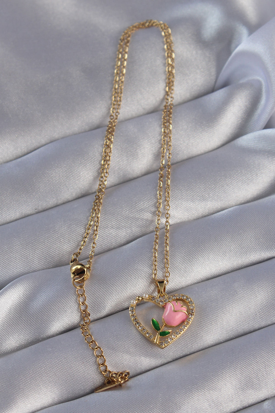 EBJ 316L Steel Chain Gold Color Zircon Stone Heart Pendant with Pink Rose Design Necklace - Kansas City