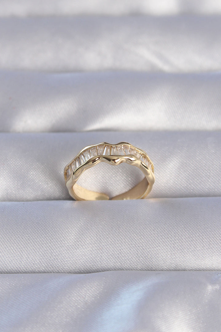 EBJ Adjustable Ring with Rice Gold Color Zircon Stone Wavy Waterway Design - Carrollwood