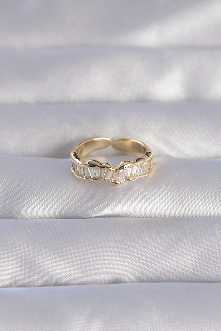 EBJ Adjustable Ring with Rice Gold Color Zircon Stone Wavy Waterway Design - Carrollwood