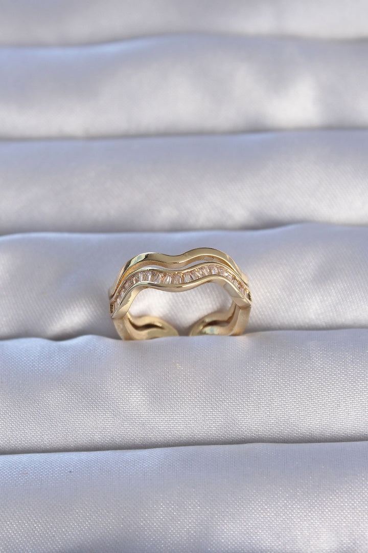 EBJ Adjustable Ring with Rice Gold Color Zircon Stone Wave Waterway Model - Gondomar