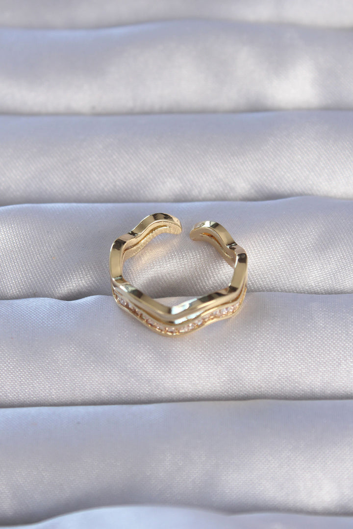 EBJ Adjustable Ring with Rice Gold Color Zircon Stone Wave Waterway Model - Gondomar