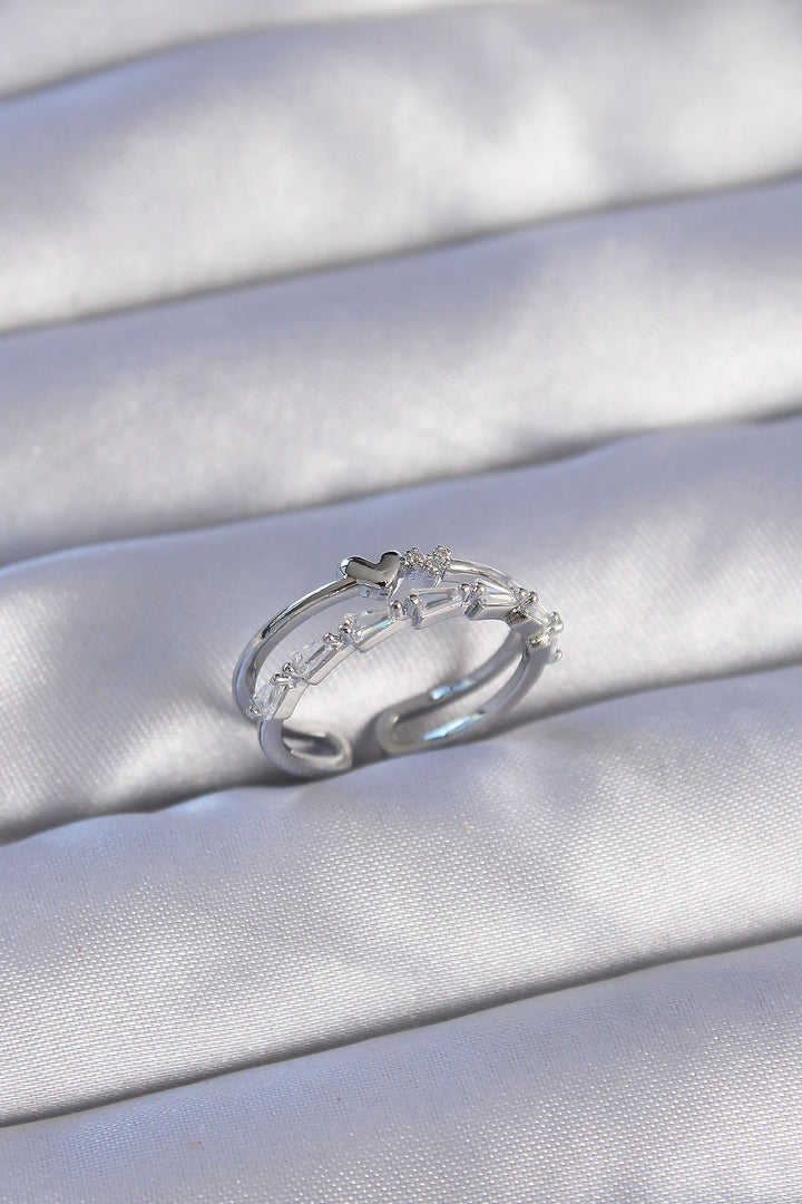 EBJ Adjustable Ring with Heart Design, Silver Color Zircon Stone, Set of 2 - Port Huron