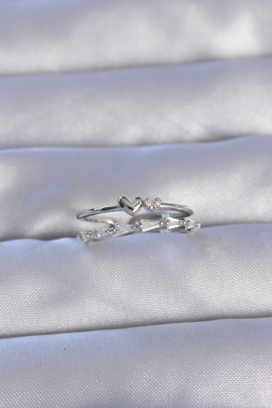 EBJ Adjustable Ring with Heart Design, Silver Color Zircon Stone, Set of 2 - Port Huron