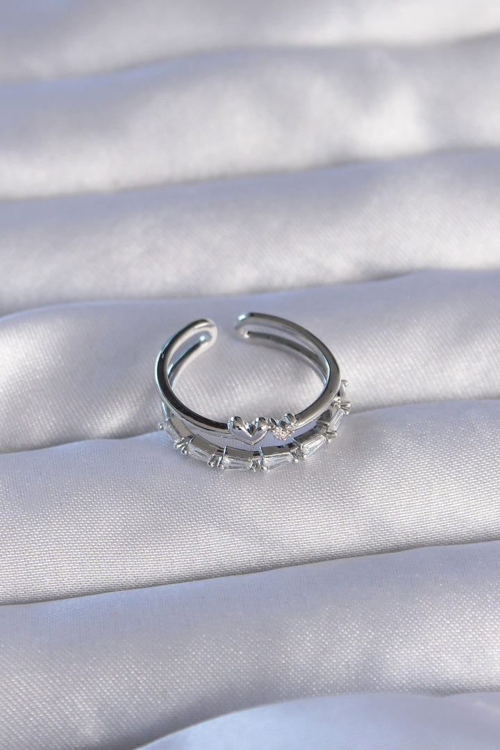 EBJ Adjustable Ring with Heart Design, Silver Color Zircon Stone, Set of 2 - Port Huron