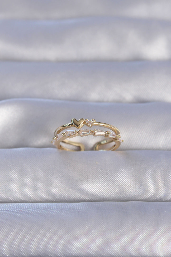 EBJ Adjustable Ring with Heart Shaped 2 Pieces of Rice Gold Color Zircon Stone - San Francisco de los Romo