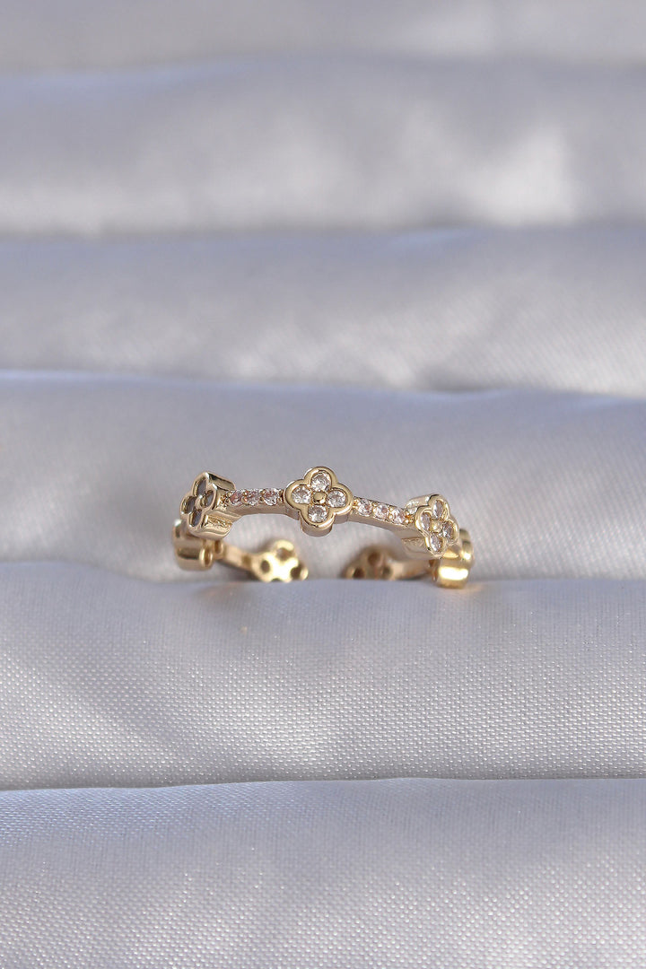 EBJ Adjustable Ring with Clover Design with Gold Color Zircon Stone on Rice - Long Beach