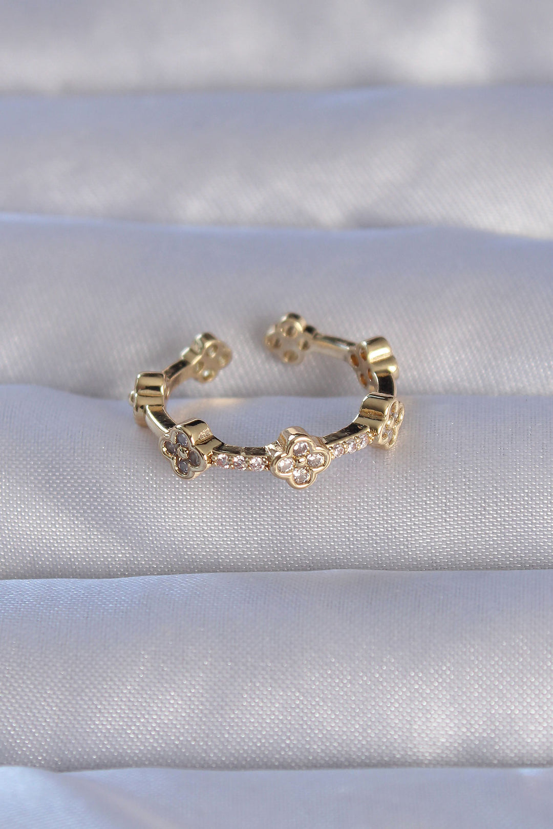 EBJ Adjustable Ring with Clover Design with Gold Color Zircon Stone on Rice - Long Beach
