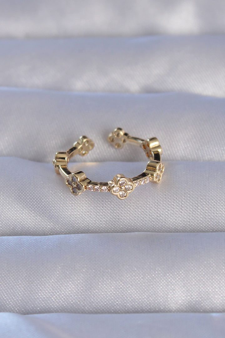 EBJ Adjustable Ring with Clover Design with Gold Color Zircon Stone on Rice - Long Beach