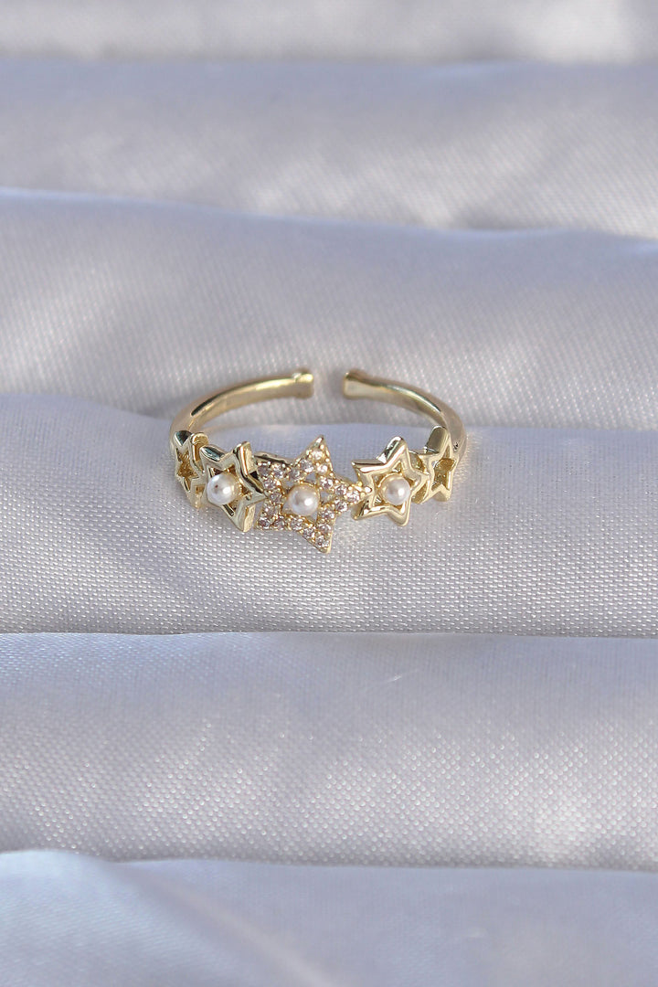 EBJ Adjustable Ring with Rice Gold Color Zircon Stone and Pearl Star Model - Port Arthur