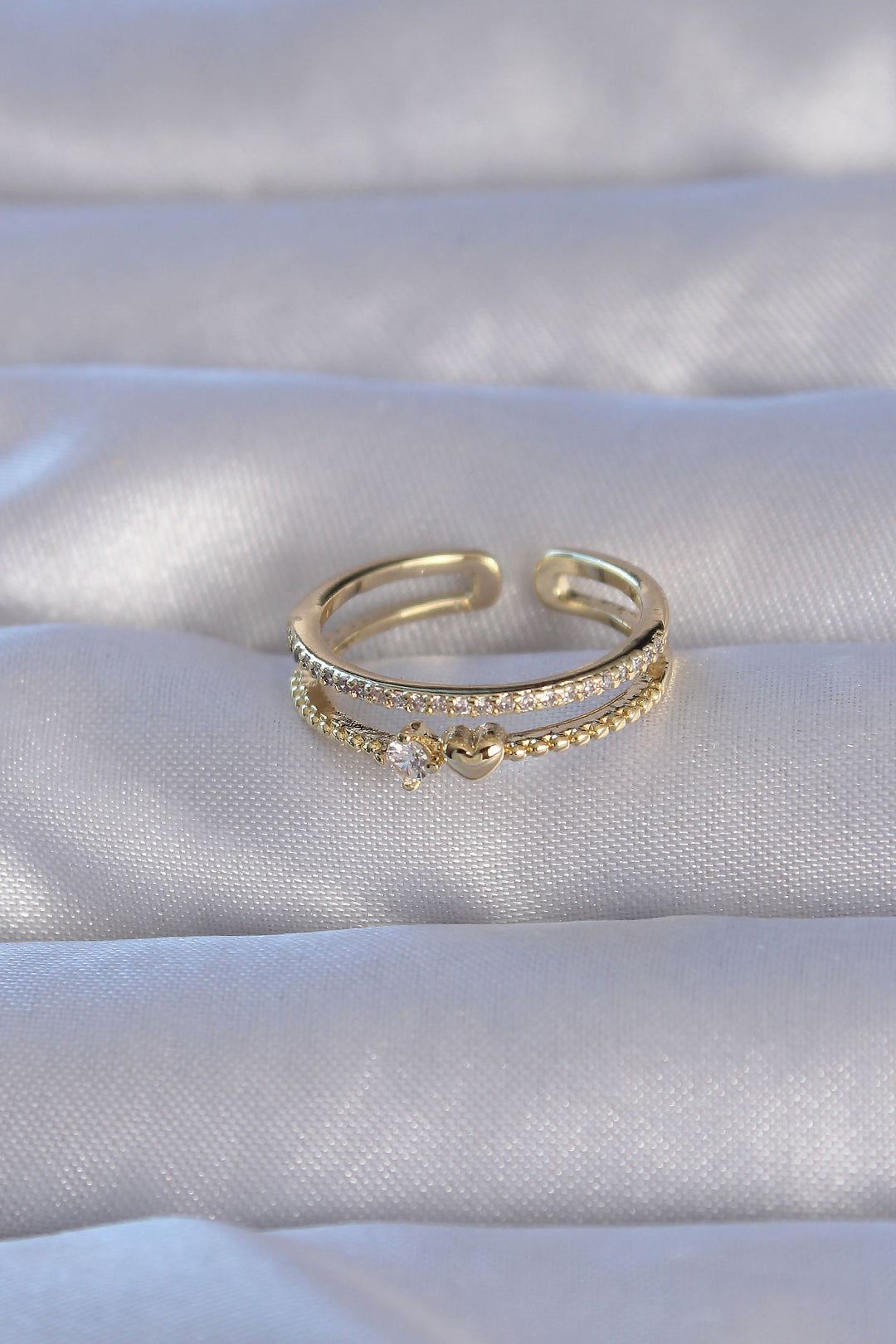EBJ Adjustable Ring with Rice Gold Color Zircon Stone Heart Waterway Model - Reading