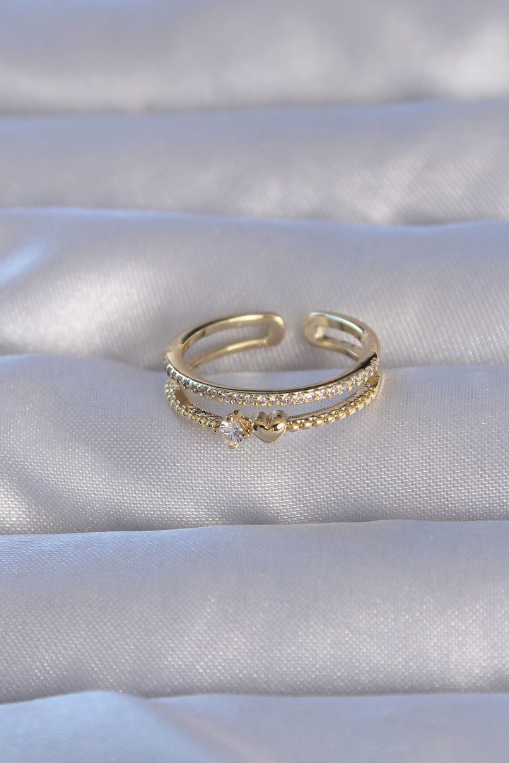 EBJ Adjustable Ring with Rice Gold Color Zircon Stone Heart Waterway Model - Reading