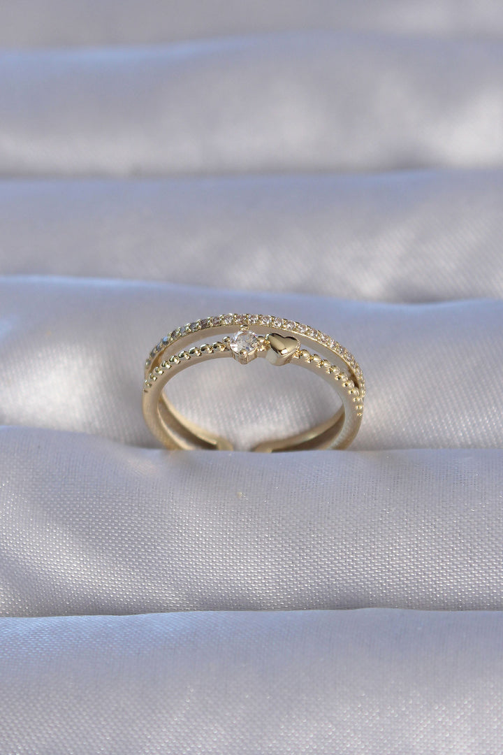 EBJ Adjustable Ring with Rice Gold Color Zircon Stone Heart Waterway Model - Reading
