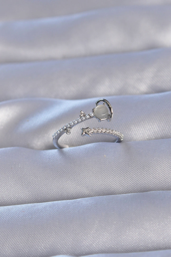 EBJ Adjustable Ring with Rice Silver Color Zircon Stone and Pearl Saturn Model - Kailua