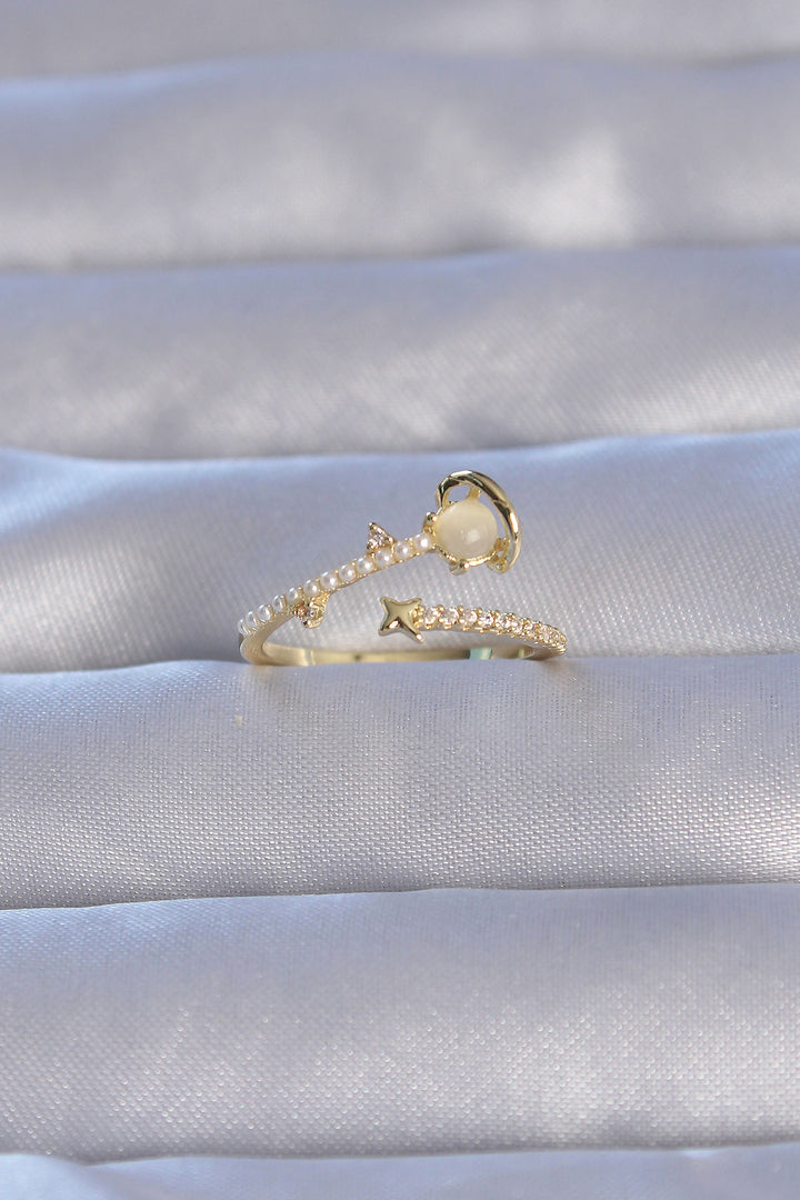 EBJ Adjustable Ring with Rice Gold Color Zircon Stone and Pearl Saturn Model - Harderwijk