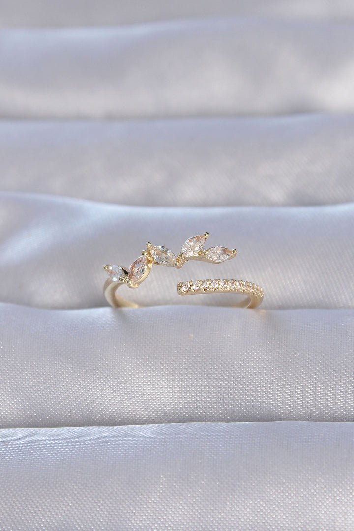 EBJ Adjustable Ring with Rice Gold Color Zircon Stone Leaf Design - Victoria