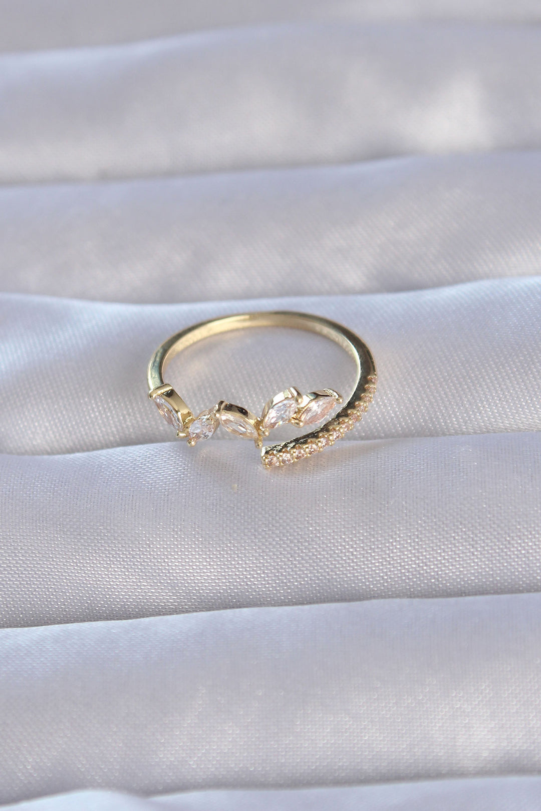 EBJ Adjustable Ring with Rice Gold Color Zircon Stone Leaf Design - Victoria